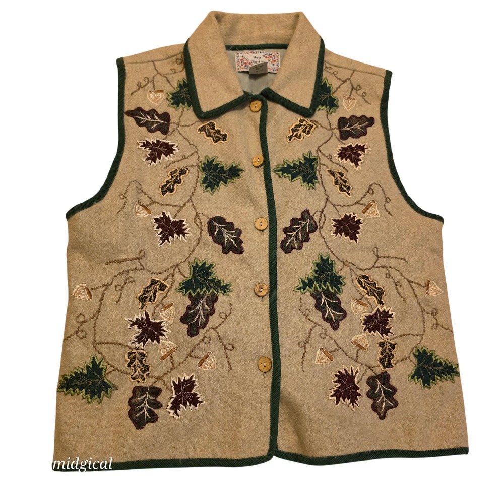 Vintage New Directions Wool Blend Embroidered Autumn Fall Vest Tan Green Medium